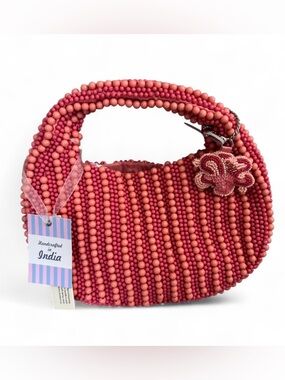 Made in India Pink beaded purse with flower charm